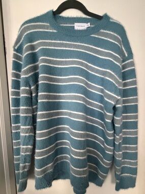 Topman Men’s M Teal and White Striped Fuzzy Crew Sweater